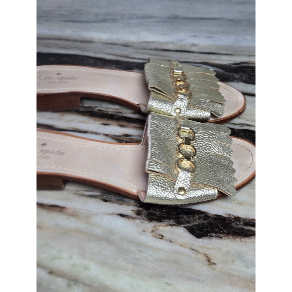 Kate Spade New York Gold Metallic Leather Kiltie Fringe Chain Slide Sandals 9.5M - Picture 9 of 10